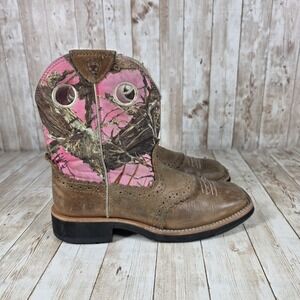 Ariat Western Cowboy Boots Pink Camo Leather Round‎ Toe Girls Size 6.5